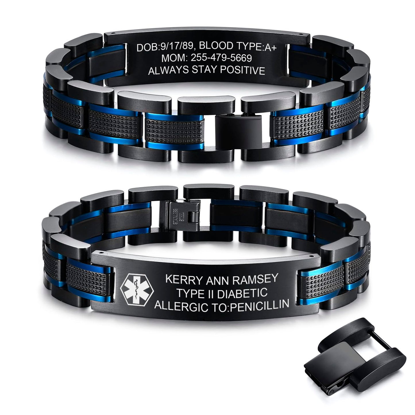 Free Custom Engraving Medical ID Bracelet 2-Tone Blue Black Titanium Steel Masculine Elaborate Men's Medical Alert Bracelet Wristband Jewelry for Dad Husband Customizable & Waterproof