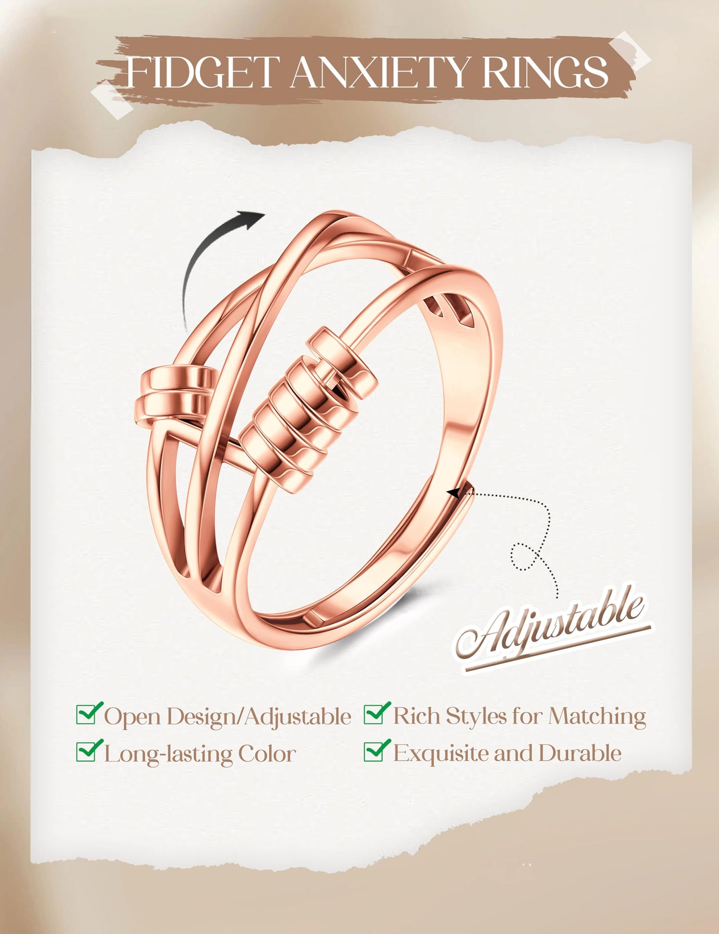 MILACOLATO 14K Gold Plated Fidget Ring for Women Adjustable Anxiety Rings Open CZ Butterfly Sunflower Bead Spinner Rings for Anxiety Stress Relief RG