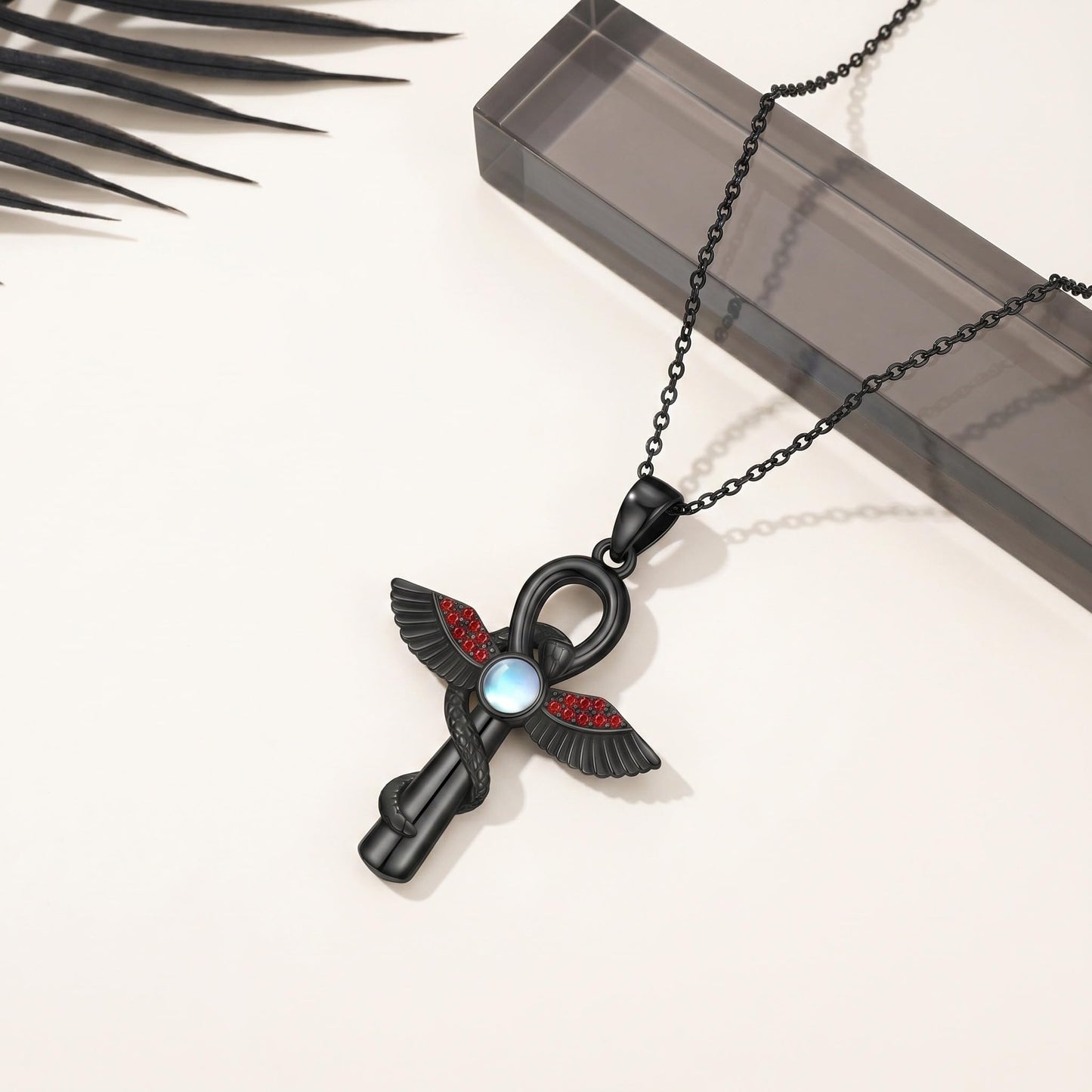 YEESIA Cross Necklace for Men and Women, 925 Sterling Silver, Black Anka Cross Pendant Necklace with Moonstone, Egyptian Protective Jewelry Gift for Men and Women