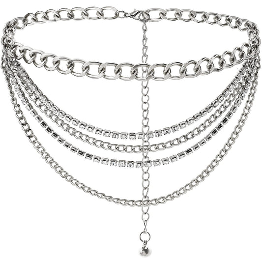 Suyi Multilayer Chain Belt Rhinestone Metal Chain Belts for Women Punk Gold Waist Chain Plus Size 150CM Silver