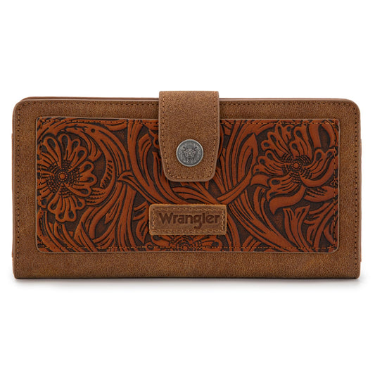 Montana West X Wrangler Brown Wallet for Women Tooling Flower Wallets, Card Cases & Money Organizers Large Capacity Bifold Clutch Wallet Ladies Female Western Phone Cash Wallets with ID Window