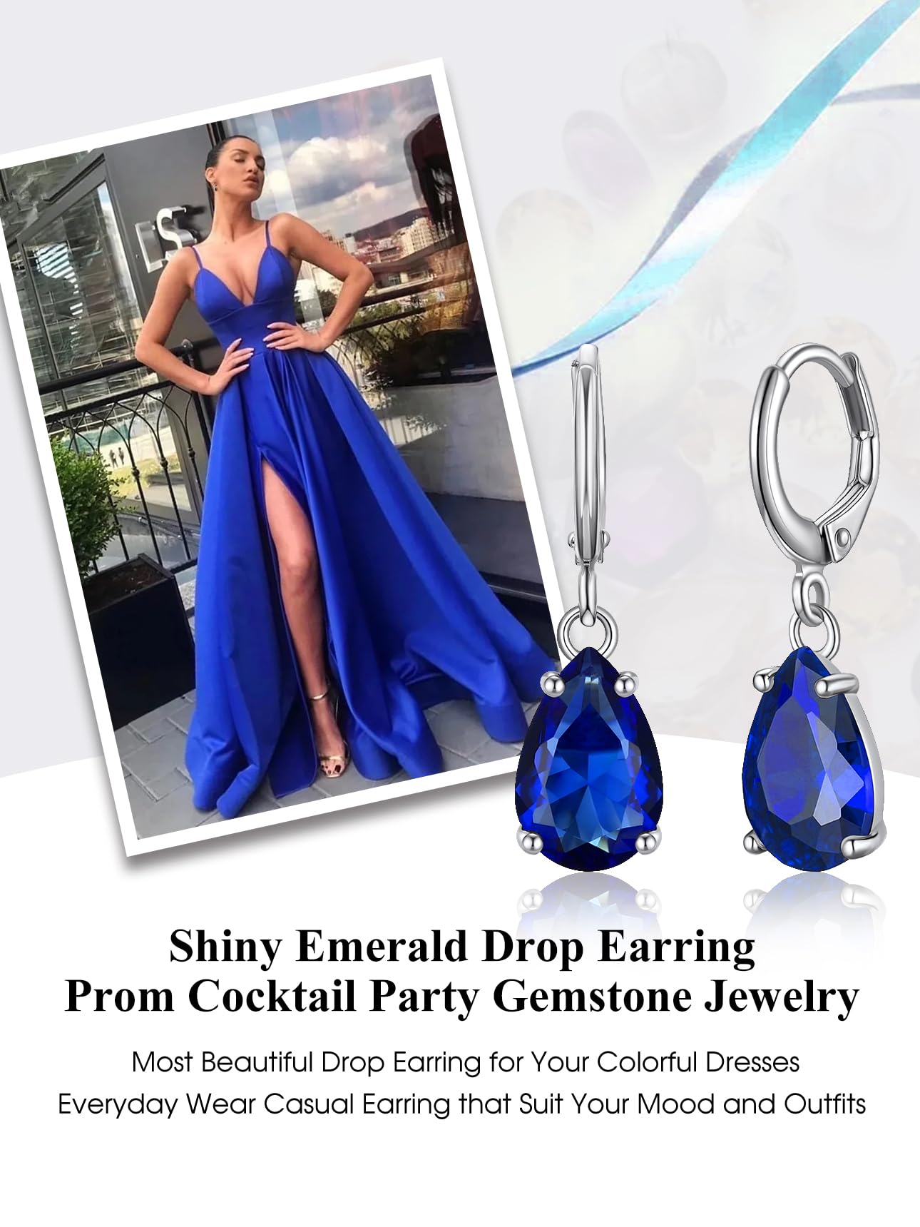 Bestyle 925 Sterling Silver September Birthstone Hoop Dangle Earrings - Clear Created Rectangle Sapphire Crystal Drop Blue Earrings - Trendy Cute Women's Small Hoop CZ Dangle Earrings