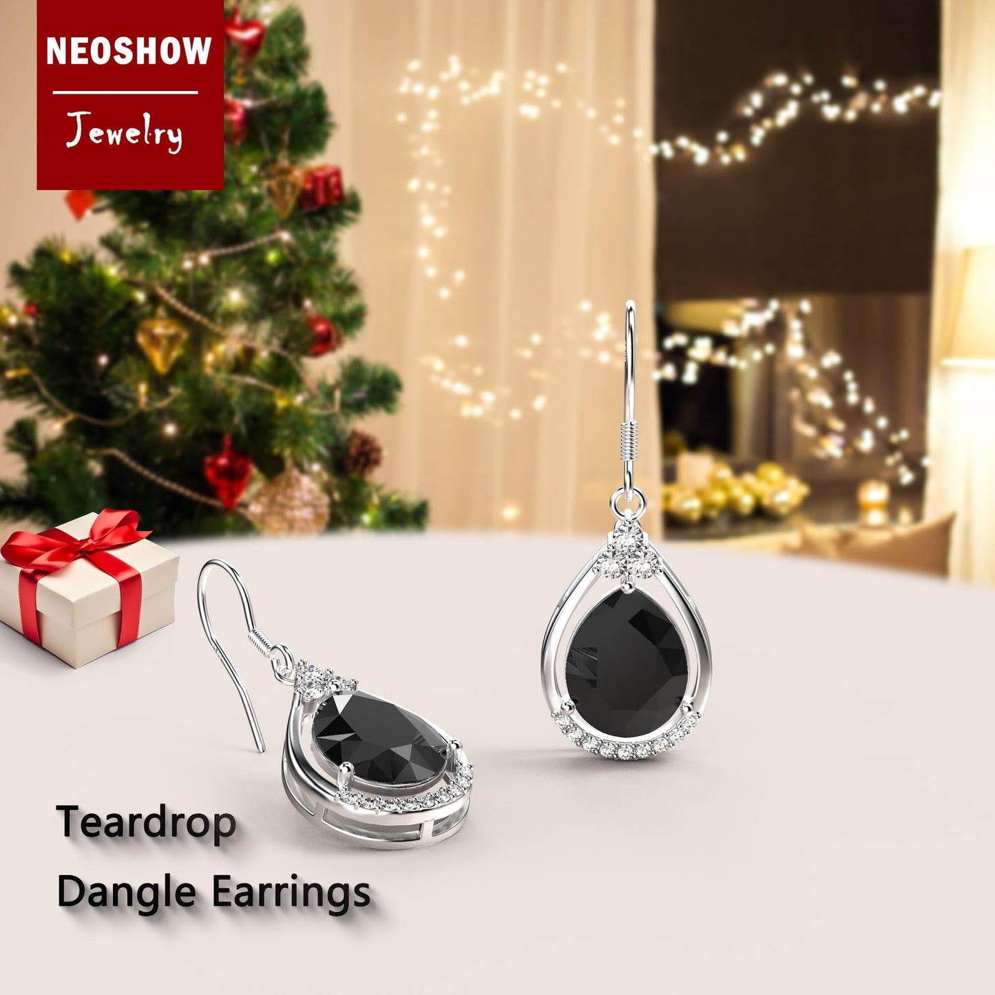 18K White Gold Plated Sterling Silver Teardrop Cubic Zirconia Drop Dangle Earrings for Women Pear Cut CZ Diamond Dangle Earrings Hypoallergenic Jewelry (Black)