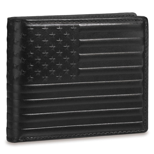 Pefiam Full Grain Leather Wallet for Men, RFID Blocking, Bifold with 2 ID Windows, 13 Card Slots, American Flag Wallet Black