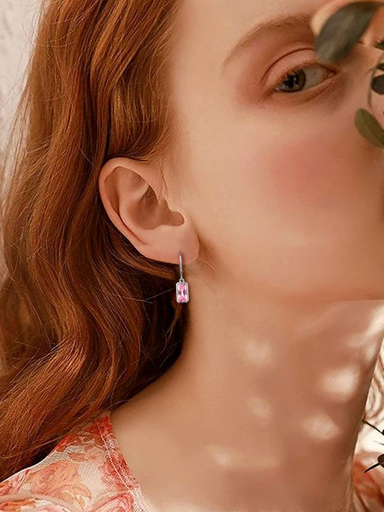 Bestyle Silver Pink Tourmaline Drop Earrings | Hypoallergenic Silver Huggie Hoop Leverback Earrings | Small Sparkle October Birthstone Dangle Earrings For Women