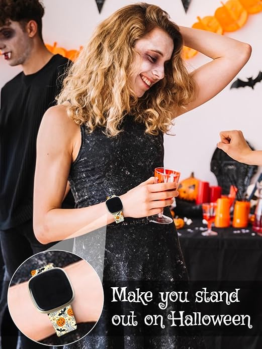 Watbro Halloween Holiday Band Compatible with Fitbit Versa 3 / Sense/Fitbit Versa 4 / Sense 2 Bands for Women Men,Soft Silicone Cute Sport Pumpkin Strap