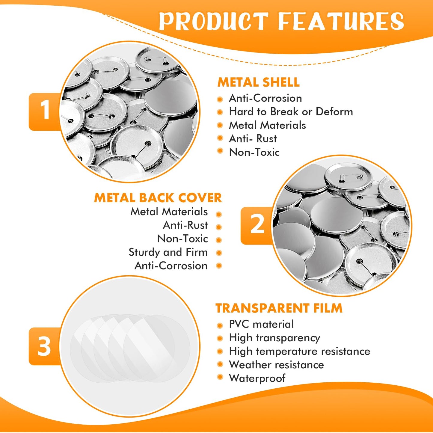 Vanttokeey 200Pcs Button Maker Supplies, 25mm 32mm 58mm Button Supplies Badge Part with Metal Back Cover, Metal Shells, Transparent Film (58mm/2.25in)