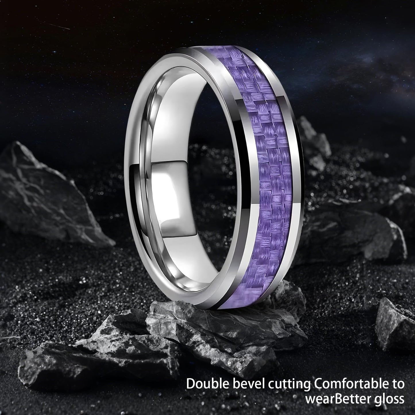 HJIMMNHONG New Carbon Fiber Fashion Rings Double Beveled Edge Delicate Polished Simple Stainless Steel Mens and Women Rings,8mm,Purple,Size11