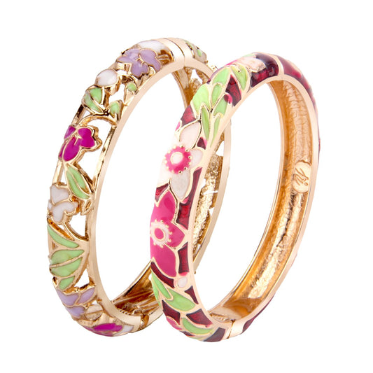 UJOY Cloisonne Bracelet Lotus Flower Plated Cuff Bangle Enameled Jewelry Bracelets Gift for Women Pack in Case 88B04-55A101 White red