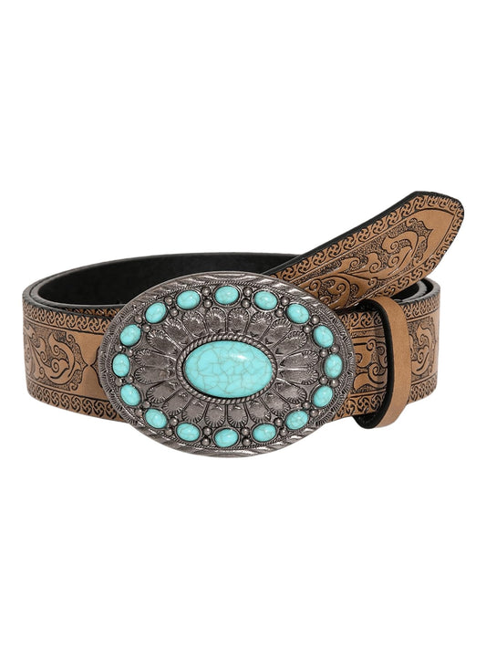 GORGLITTER Women's Western Leather Belt Vintage Turquoise Buckle Waist Belt for Dress Brown Leather suit waist size:29.5-33.5"
