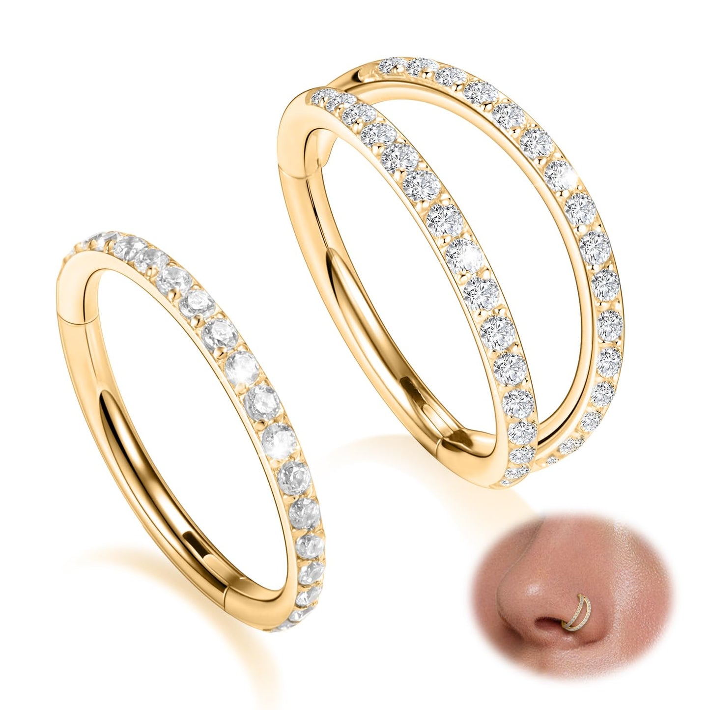Nose Ring Hoop 18g Septum Ring 8mm Septum Jewelry Double Hoop Septum Clicker Gold Conch Piercing Jewelry Cartilage Earring with CZ Lip Rings Nose Hoop Surgical Steel Helix Earrings Nose Jewelry
