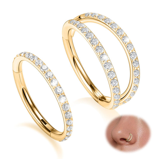 Nose Ring Hoop 18g Septum Ring 8mm Septum Jewelry Double Hoop Septum Clicker Gold Conch Piercing Jewelry Cartilage Earring with CZ Lip Rings Nose Hoop Surgical Steel Helix Earrings Nose Jewelry