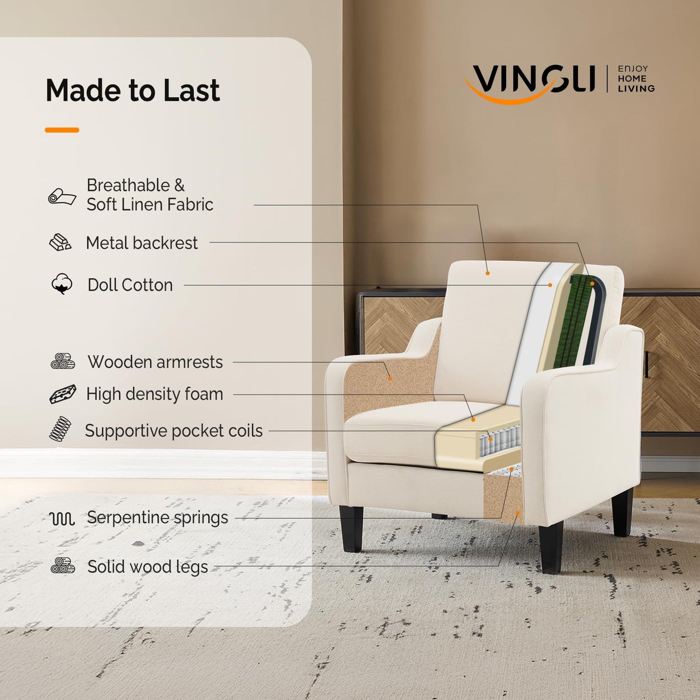 VINGLI Modern Accent Chairs Set of 2, Beige Living Room Chairs Comfy Armchair for Bedroom, Upholstered Sofa Chair Reading Chair for Small Spaces, Apartment, Waiting Room