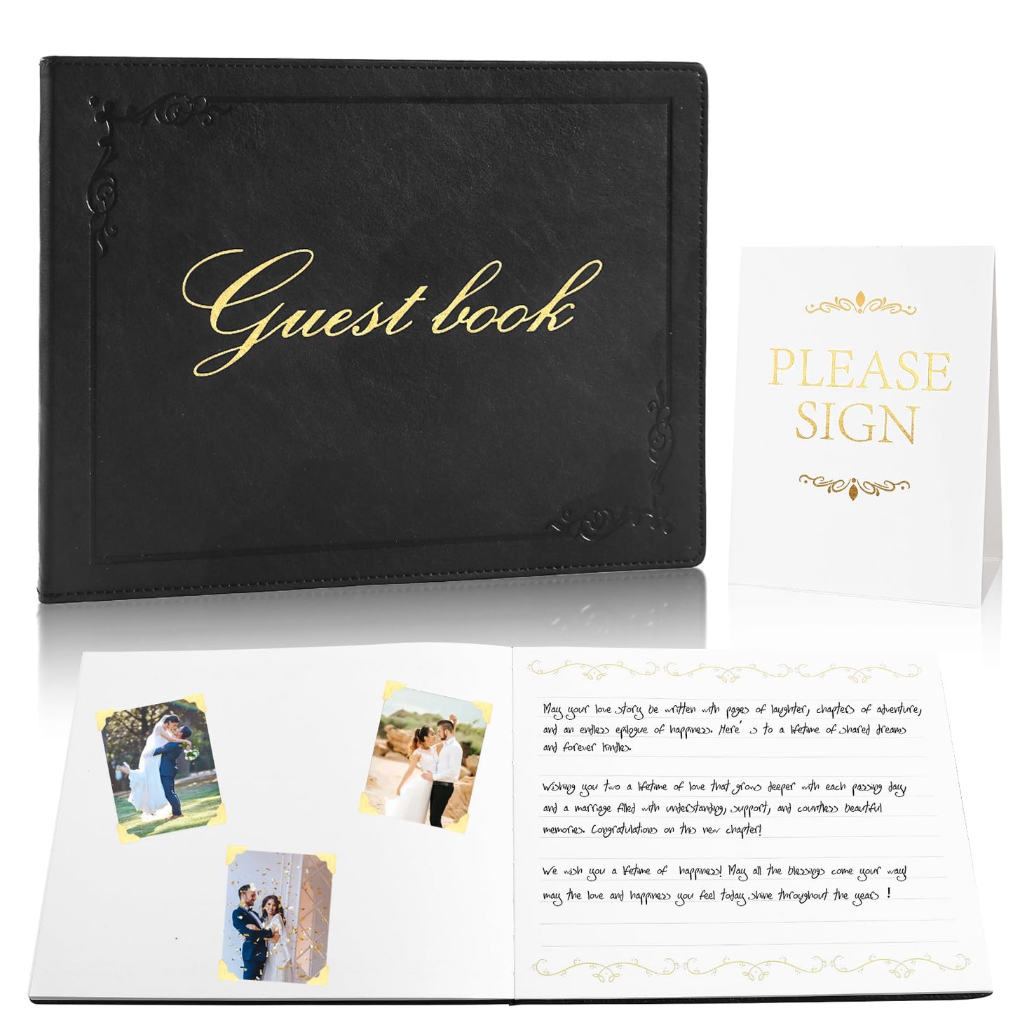 Rolarhola 8x10 Leather Guest Book and Standup Sign Set, Gold Foiled Cover Registry Book for Wedding Reception, Retirement Party, Vacation Homes and Events, 120 Pages (Black)