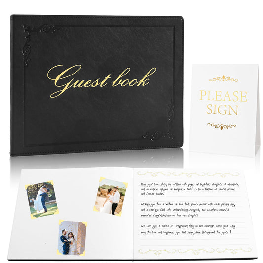 Rolarhola 8x10 Leather Guest Book and Standup Sign Set, Gold Foiled Cover Registry Book for Wedding Reception, Retirement Party, Vacation Homes and Events, 120 Pages (Black)