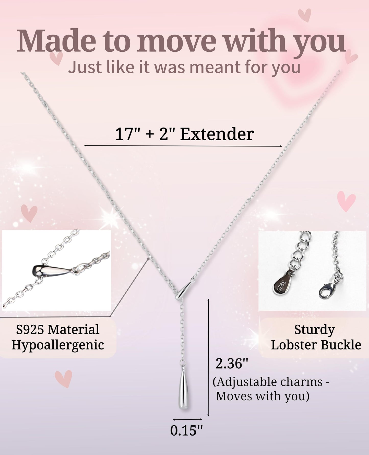 Pinkment Dew-drop Lariat Y-Shaped Silver Necklace for Women, 925 Sterling Silver, Non Tarnish, Trendy, Simple Drop Dangle Charm Chain Jewelry Gift for Women