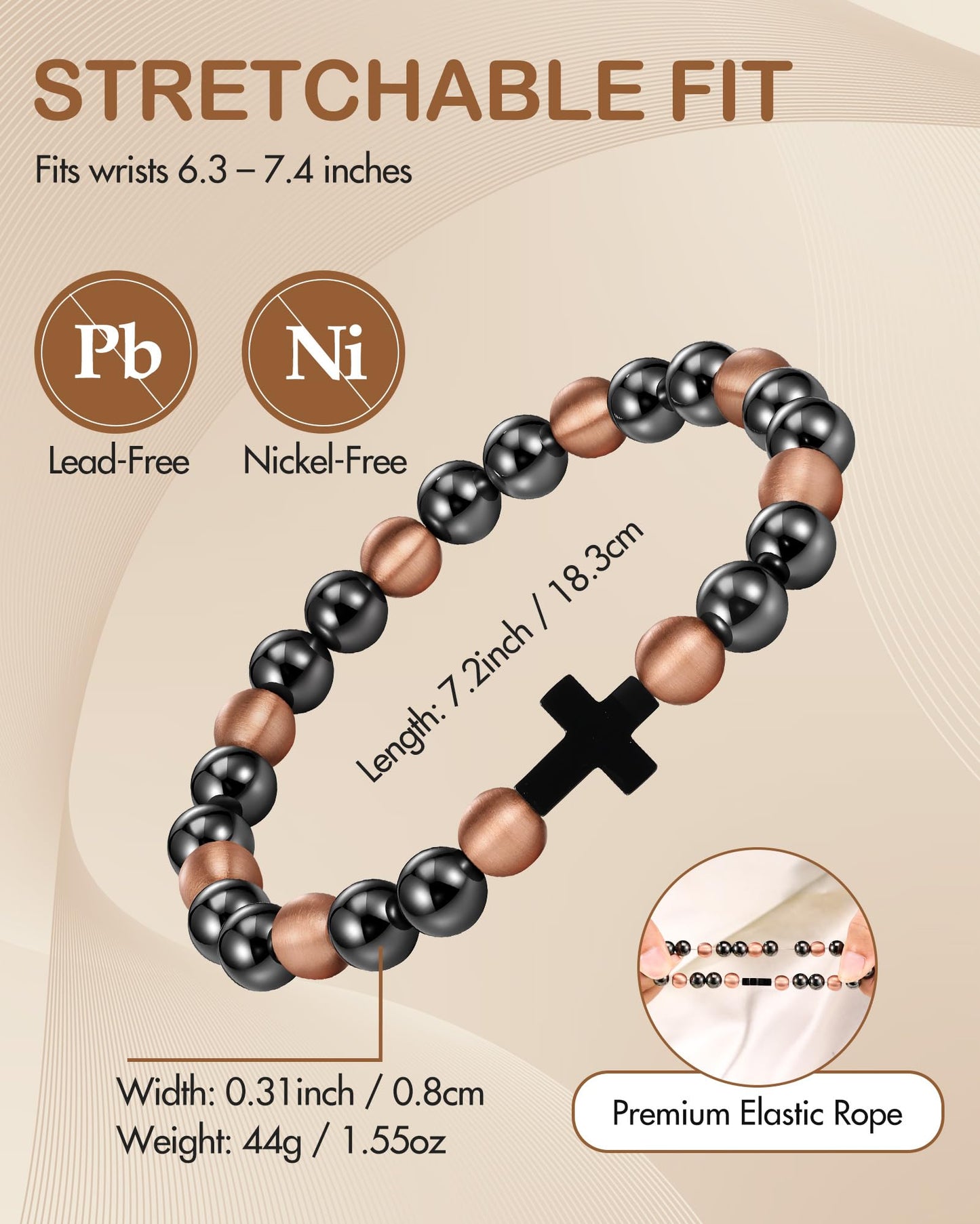 Feraco Pure Copper Magnetic Bead Bracelet for Men Women with Cross, 8mm 99.99% Solid Copper & 3500 Gauss Magnetic Hematite Beads, Unisex Stretch Wristband, Gift-Ready Jewelry