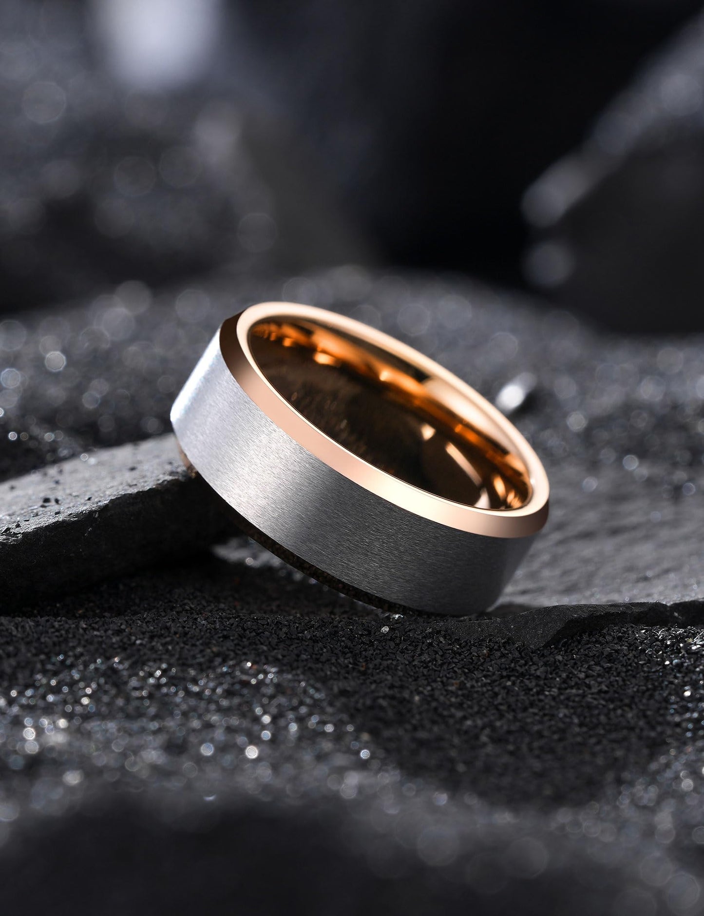 King Will 8mm Classic Tungsten Rings for Men Two-Tone Mens Wedding Bands Simple Engagement Promise Ring Matte Brushed Beveled Edges Comfit Fit Durable, Silver & Rose Gold Plated Size 14