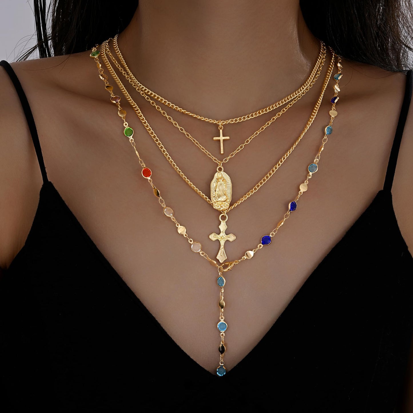 4PCS Layered Gold Cross Necklaces for Women Trendy, Bohemian Bead Pearl Y Long Pendant Necklace Set, Vintage Rosary Necklace Stack Adjustable Length