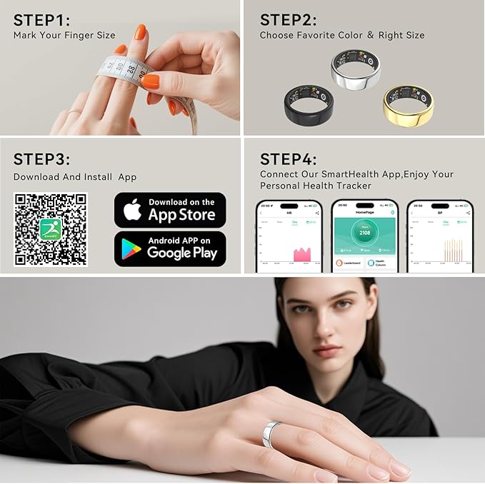 Smart Rings for Women Men,Fitness Tracker Ring,Heart Rate,Blood Oxygen,Blood Pressure,Step Tracker,Sleep Monitoring,No Subscription Fee,IP68 Waterproof Smart Ring for iphone&Android(Silver 8)