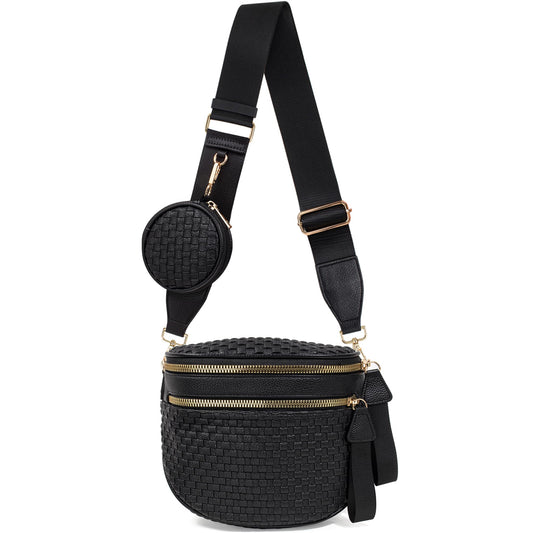 Valentoria Large Woven Leather Crossbody Bags for Women Bum Bag Sling Bag Purse With Adjustable Strap Detachable Wallets Must Haves Cross body Bag (Black Checkered)