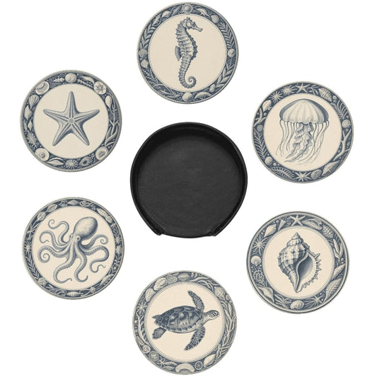 6 Pcs Nautical Ocean Drink Coasters with Holder Coasters for Drinks Coffee Table Home Decor Housewarming Gift