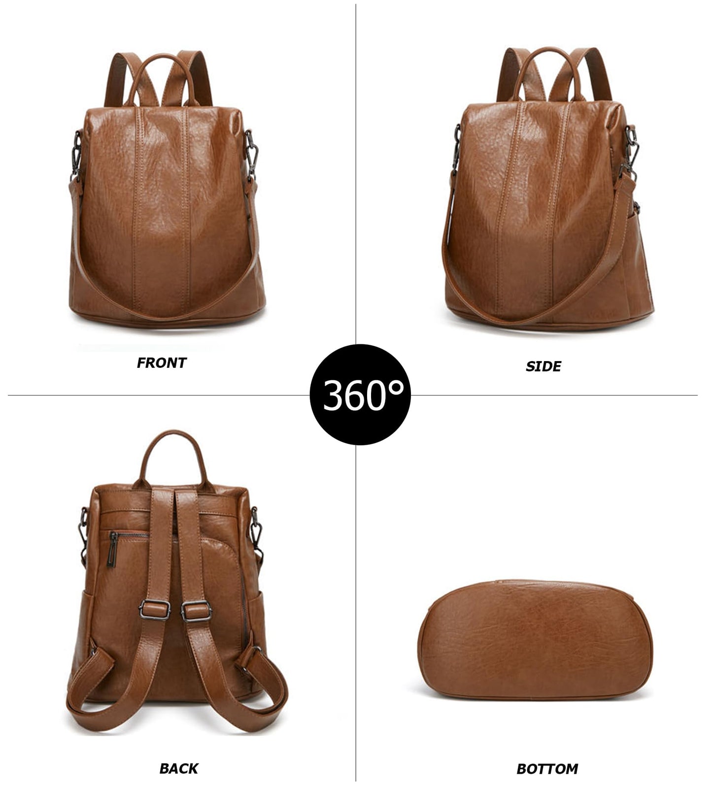 myfriday Vintage Faux Leather Backpack for Women, Soft Rucksack Backpack with Anti-Theft Pocket Convertible Shoulder Handbag (Brown)