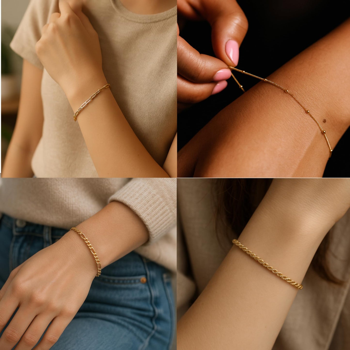 Waterproof Gold Stackable Bracelets Set for Women 4-Piece Stacked Bracelets, 18K Gold Plated Stainless Steel Women’s Bracelet Set, Dainty Layered Bracelets (Paperclip, Figaro, Rope, Satellite)
