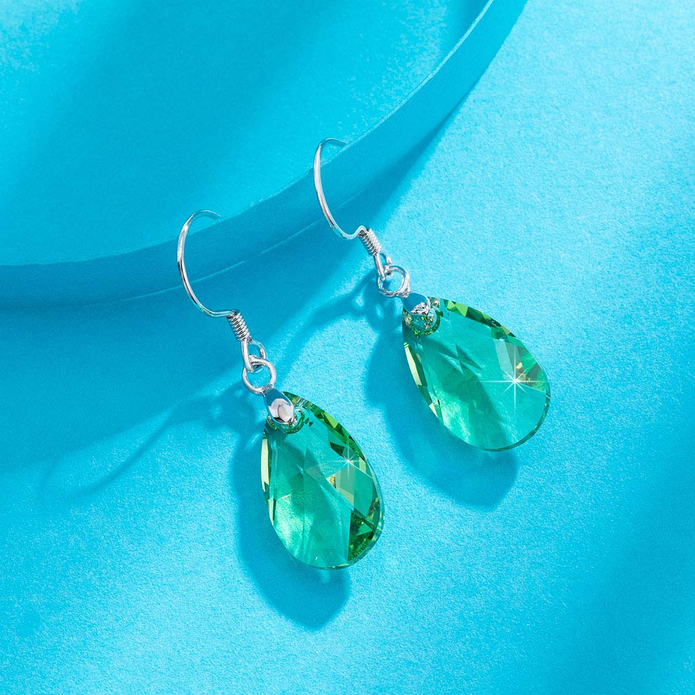 Teardrop Austrian Crystal Drop Dangle Earrings for Women 925 Sterling Silver Hook Hypoallergenic Earring (Green)