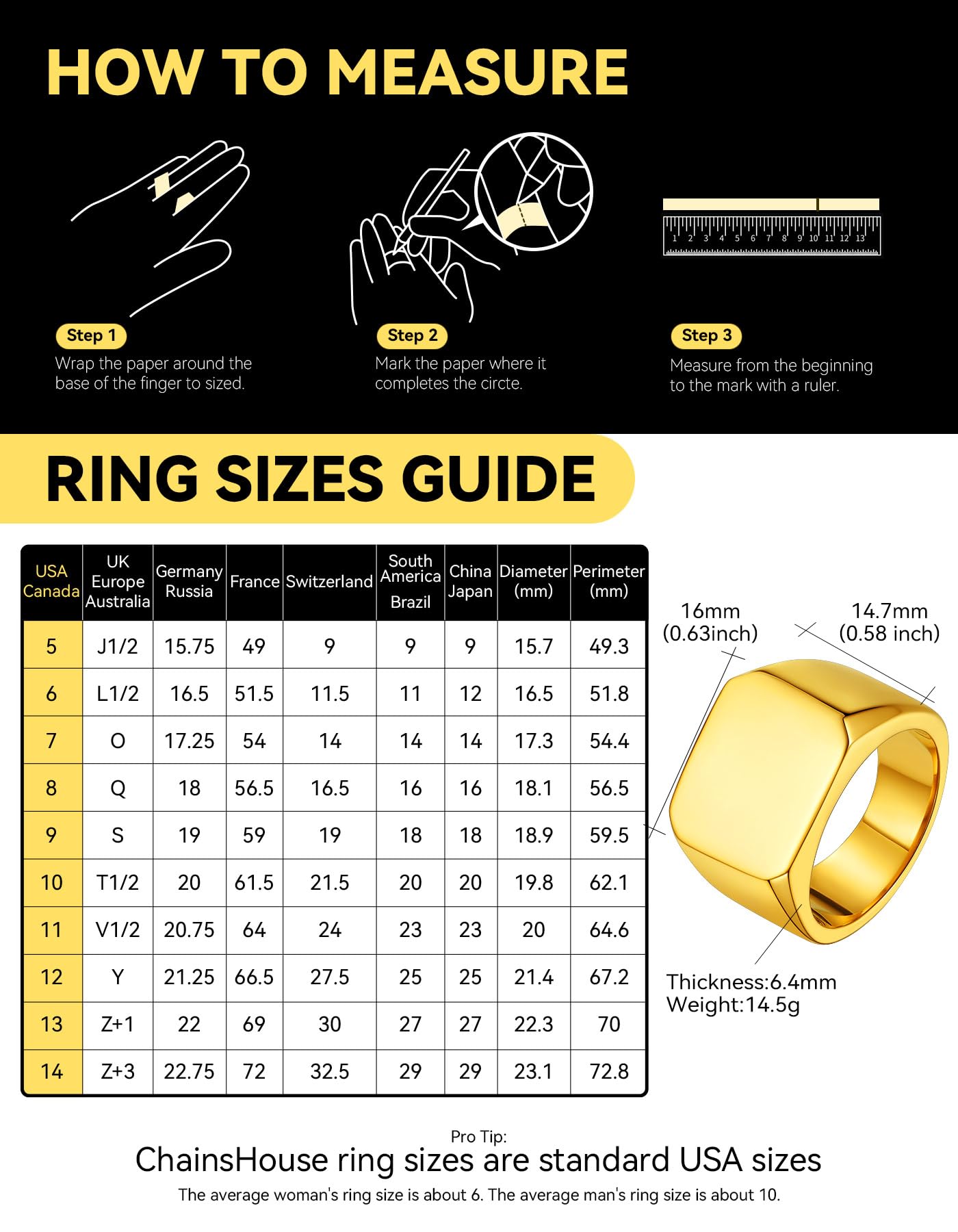 ChainsHouse Signet Biker Rings Solid Polished 18K Gold Cool Finger Ring for Men, Size 9