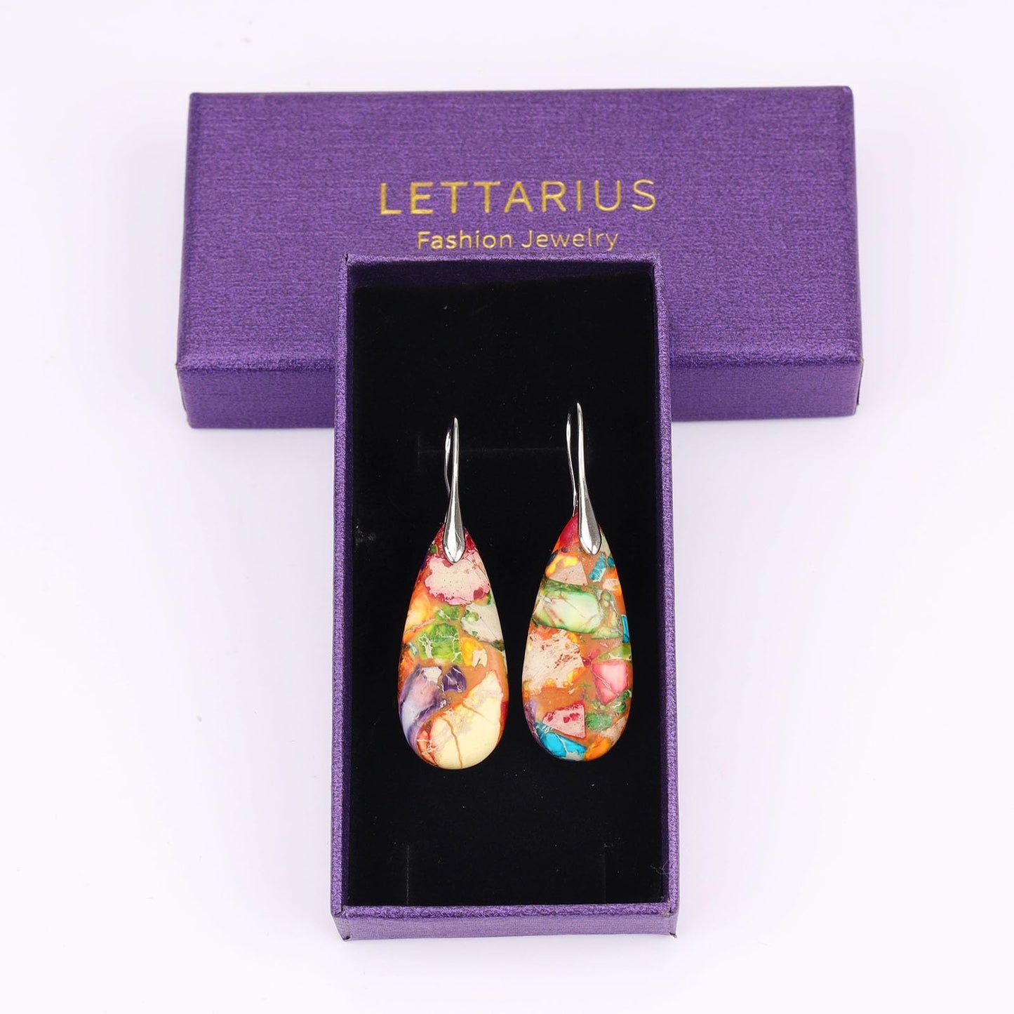 Lettarius Natural Crystal Healing Moon Stone Drop Earrings for Women Colorful Sea Sediment Rock Teardrop Birthstone Quartz Dangle Silver Plated Jewelry