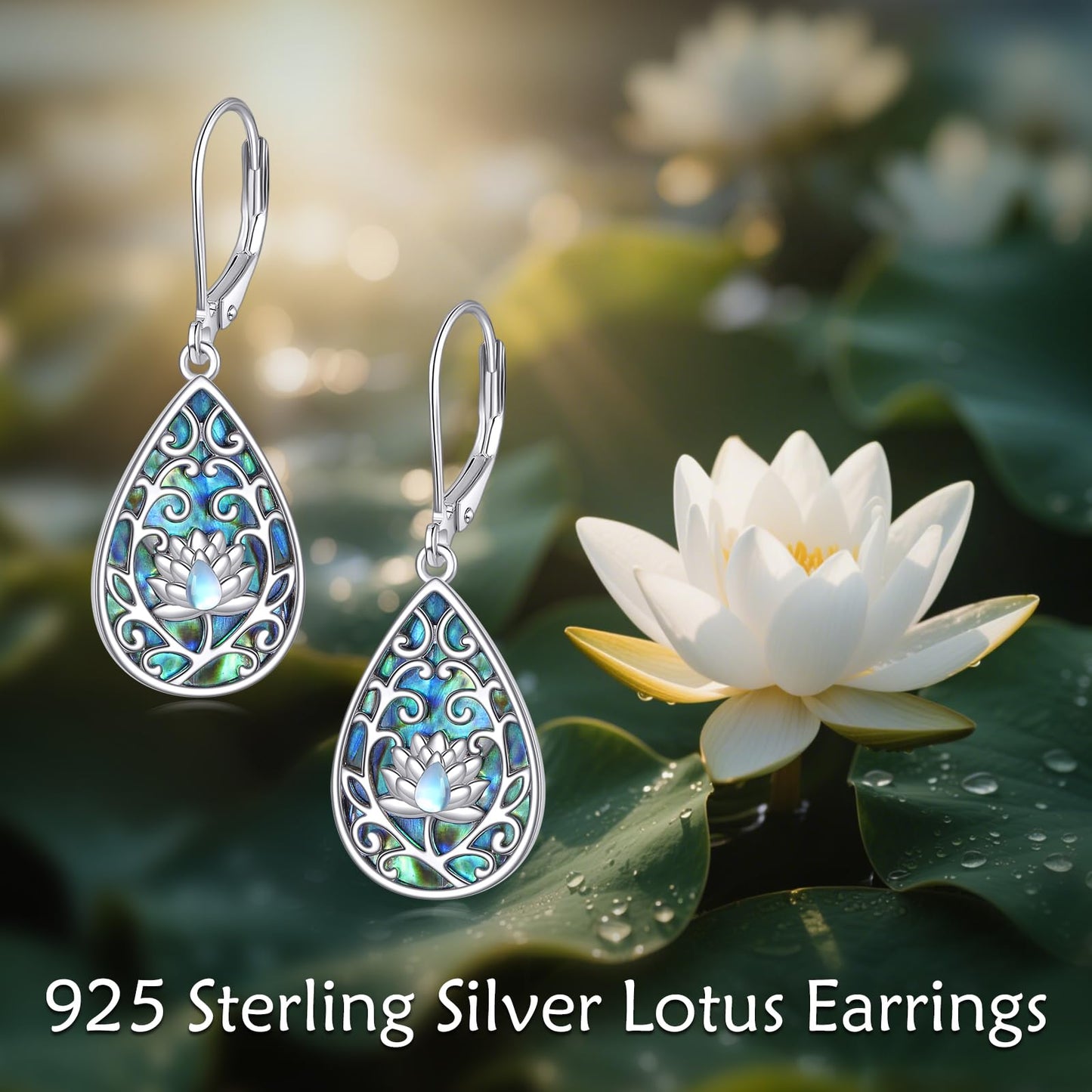 Lotus Earrings for Women 925 Sterling Silver Abalone Lotus Dangle Drop Moonstone Leverback Anniversary Jewelry Gifts for Wife