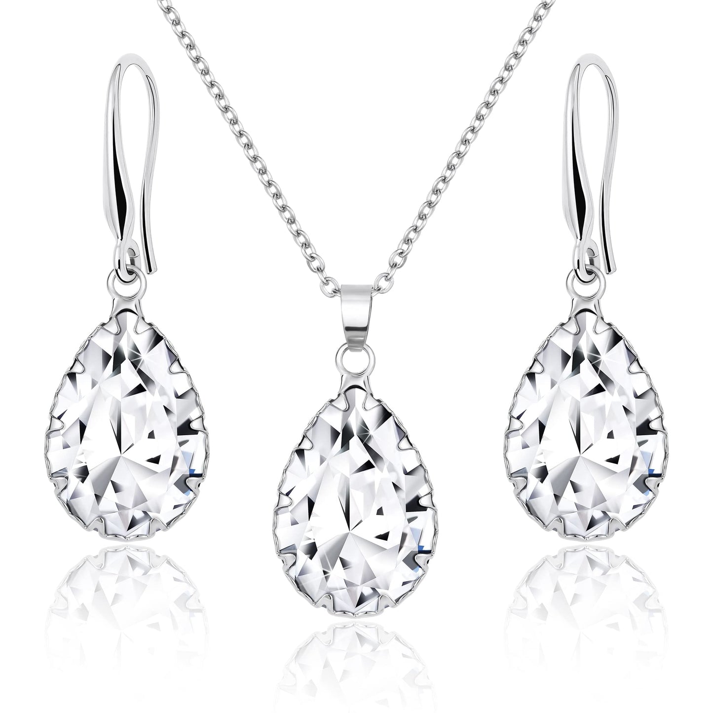 Linawe Crystal Imitation Diamond Wedding Jewelry Sets for Brides Bridesmaid, Silver Pendant Necklace Set, Rhinestone Drop Dangle Earring Set, Cubic Zirconia Birthstone Teardrop Matching Jewelry