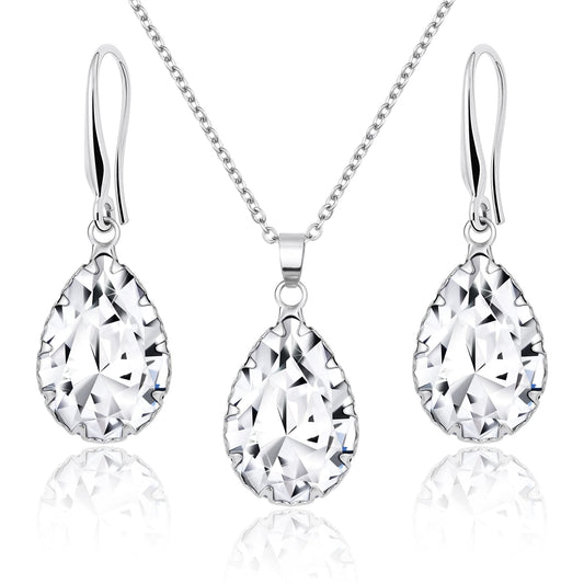 Linawe Crystal Imitation Diamond Wedding Jewelry Sets for Brides Bridesmaid, Silver Pendant Necklace Set, Rhinestone Drop Dangle Earring Set, Cubic Zirconia Birthstone Teardrop Matching Jewelry