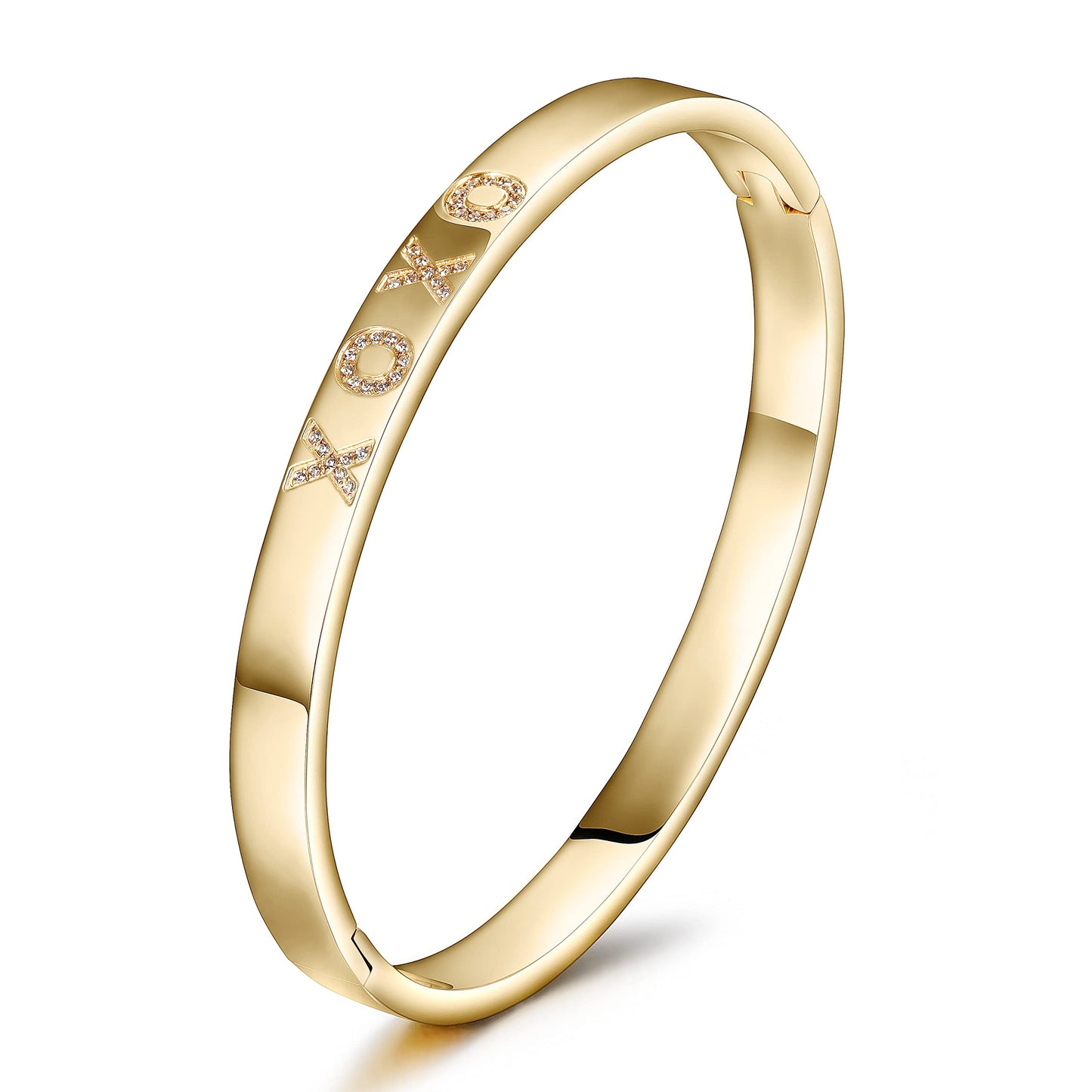 WISTIC Gold Plated Bangle Bracelet for Women, Silver Engraved Letter Cuff Bracelet with CZ, Fits 6.0–7.0 Inch Wrist, 2.4in Inner Dia., Rose Gold Stainless Steel Hinged Bangle Jewelry, XOXO, Gold