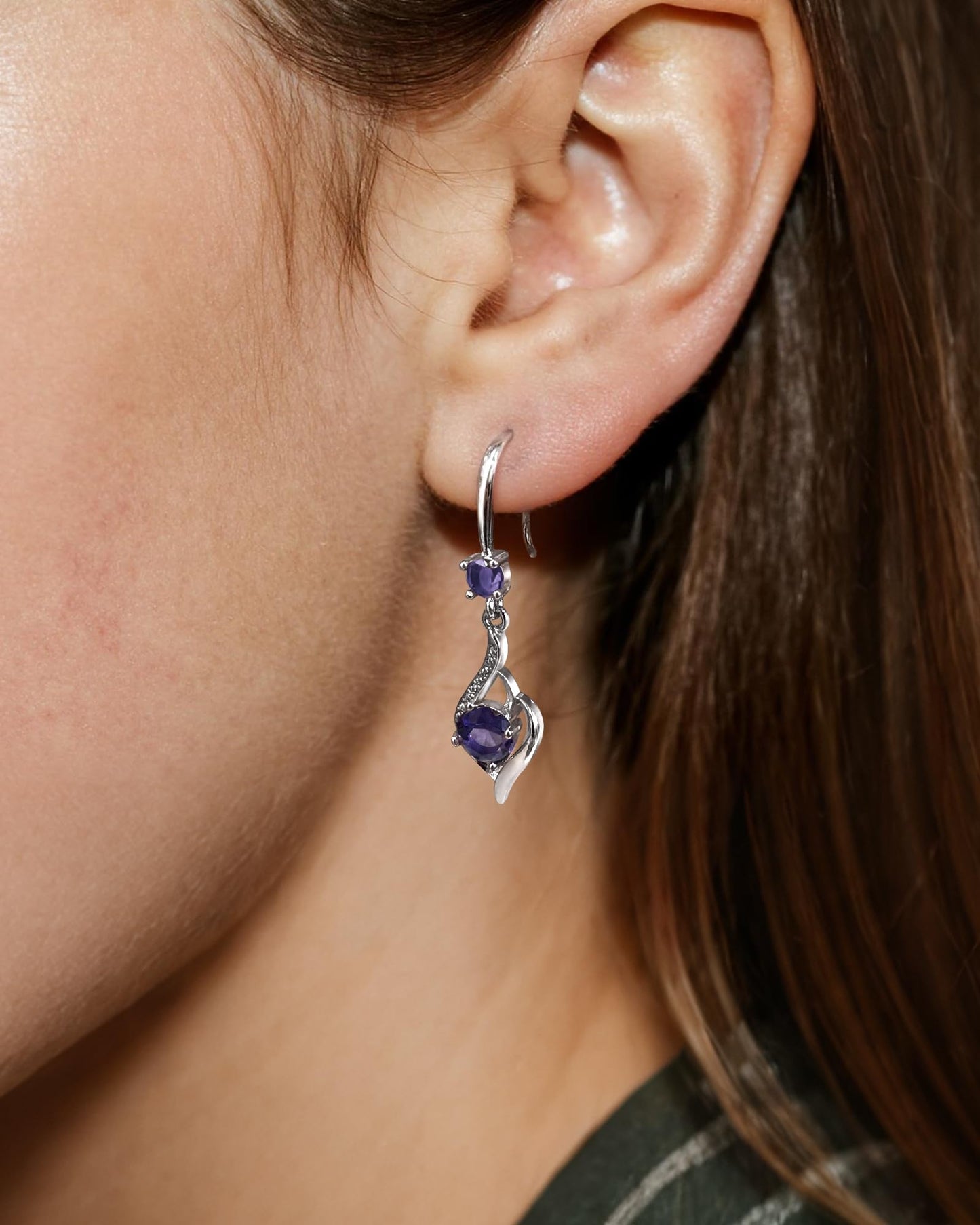 Elaximn Heart Amethyst Drop Dangle Earrings-925 Sterling Silver with Purple Crystals-Long Birthstone Jewellery for Women
