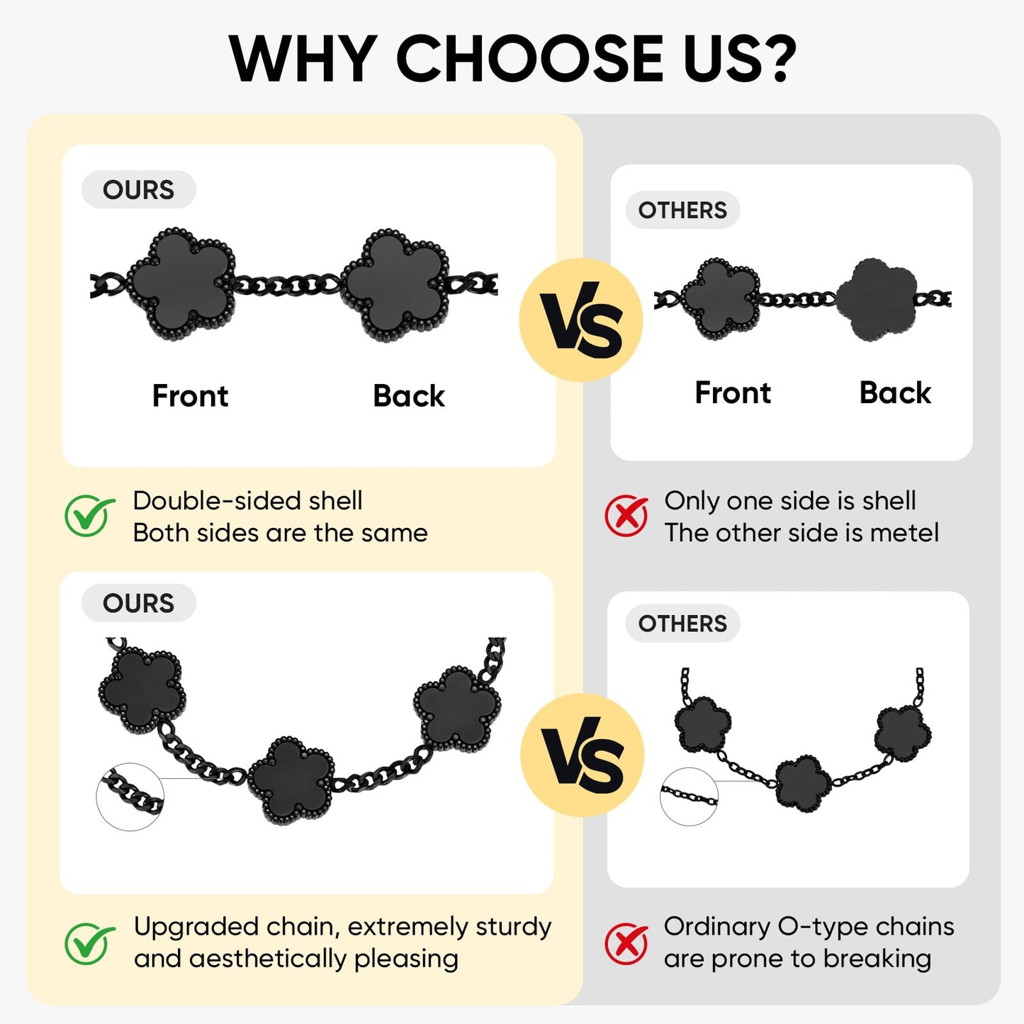 VNOX 2 PCS Floral Bracelets for Men Women -Womens Mens Stainless Steel Black Cuban Chain Link Bracelet Lucky Charm Four Clover Flower Bracelets Trendy Jewelry Gifts，2