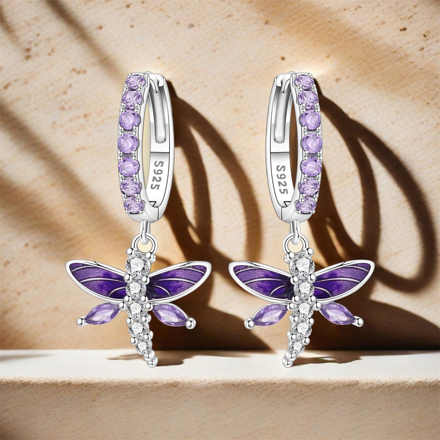 vireau 925 Sterling Silver Drop Earrings Dragonfly Flower Moon Star Dangle Earrings Hypoallergenic Sterling Silver Earrings Jewelry for Women (Purple Dragonfly)