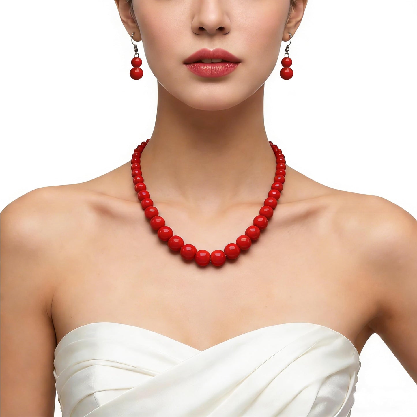 Cryshimmer Pearl Choker Necklace for Women Faux Pearl Beads Strand Necklace Earring Set Costume Jewelry (Red-1)