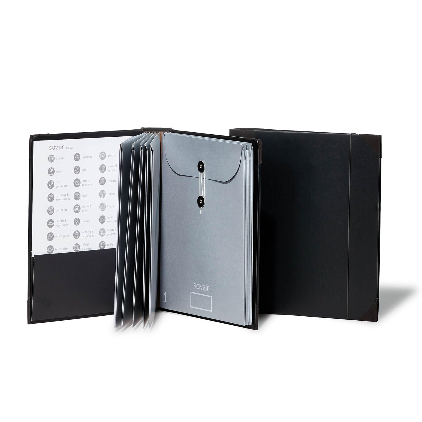 The Folio® Important Document Organizer by Savor | Binder with Guided Labels, Acid-Free File Folder Organizer with 10 Pockets, Document Holder for Home Records, Legal and Medical Papers (Black)