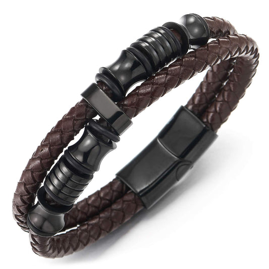 COOLSTEELANDBEYOND Mens Brown Braided Leather Bracelet with Black Stainless Steel Charms, Double Strand Wrap Wristband