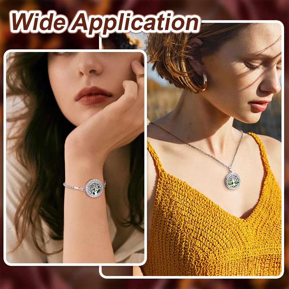 PH PandaHall 2pcs Essential Oil Diffuser Bracelet Necklace Set, Tree of Life Stainless Steel Pendants Charms Adjustable Aromatherapy Locket Jewelry with 20 Random Color Refill Pad for Women Mom Gift