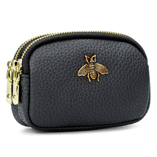 WOZEAH Leather Coin Purse for Women Small 2 Zipper Change Wallet with Key Ring Card Key Coin Cash Holder Pouch(Black)