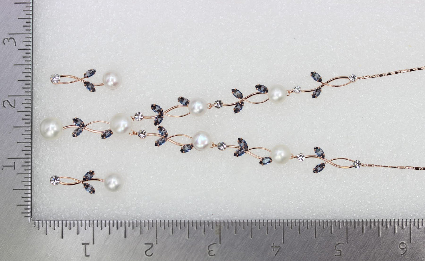 Faship Gorgeous Navy Blue CZ Crystal Genuine Freshwater Pearls Floral Necklace Earrings Set - Navy Blue/Rose Gold Plated