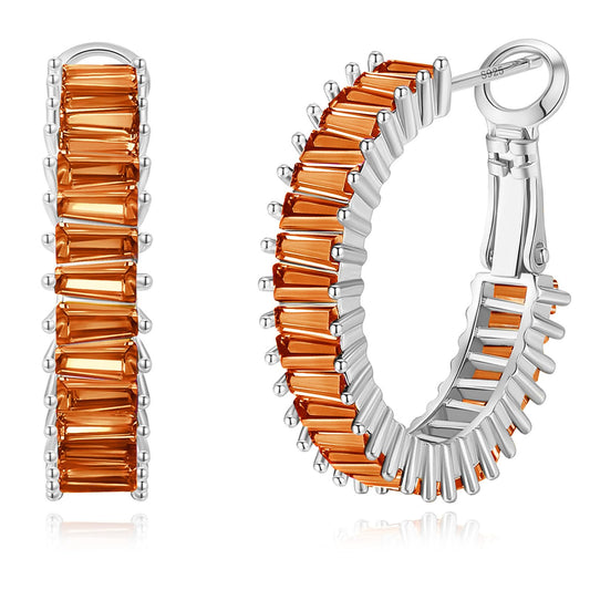GLOQUAT Orange Hoop Earrings White Gold Plated Burnt Orange Hoops for Women 925 Sterling Silver Post Vintage Baguette Cubic Zirconia Round Circle Hoops for Women Trendy Autumn Jewelry 25mm