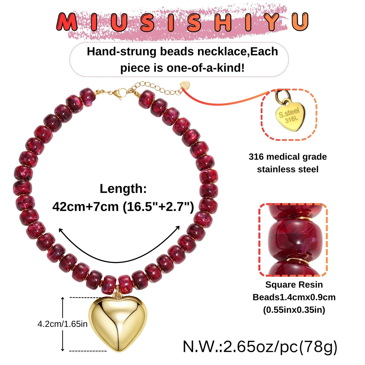 MIUSISHIYU Burgundy Red Faux Marble Resin Chunky Necklaces for Women, Trendy Beaded Puffy Gold Heart Pendant Statement Choker, Lightweight Boho Y2K Summer Beach Jewelry