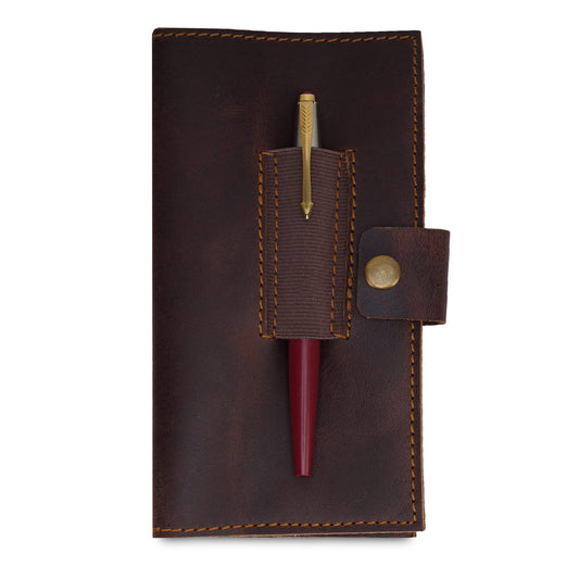 CestAntiQ Distressed Leather Checkbook Cover with Pen Holder, Executive Leather Checkbook Wallet for Men Women Slim Vintage Bifold Checkbook Register Organizer for Personal Business Use (Brown)