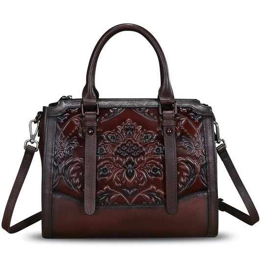 Genuine Leather Satchel for Women Embossed Leather Top Handle Bags Handmade Purse Vintage Crossbody Handbags Hobo Bag (Coffee)