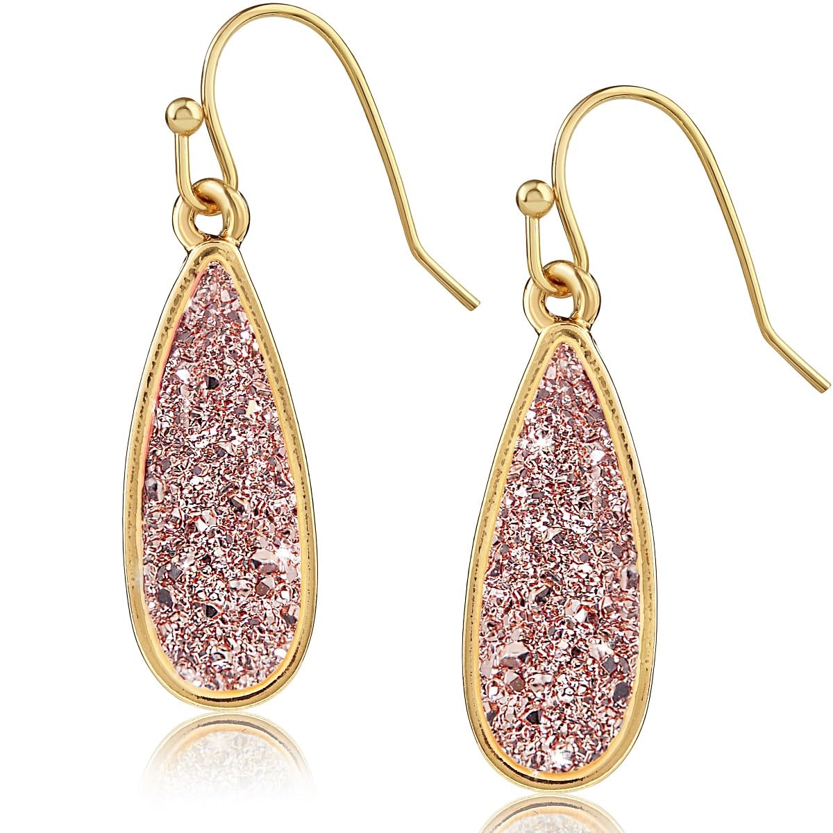 Simulated Druzy Drop Dangles - Gold Tone Sparkly Long Teardrop Dangly Earrings for Women, Pink Rose Gold Tone