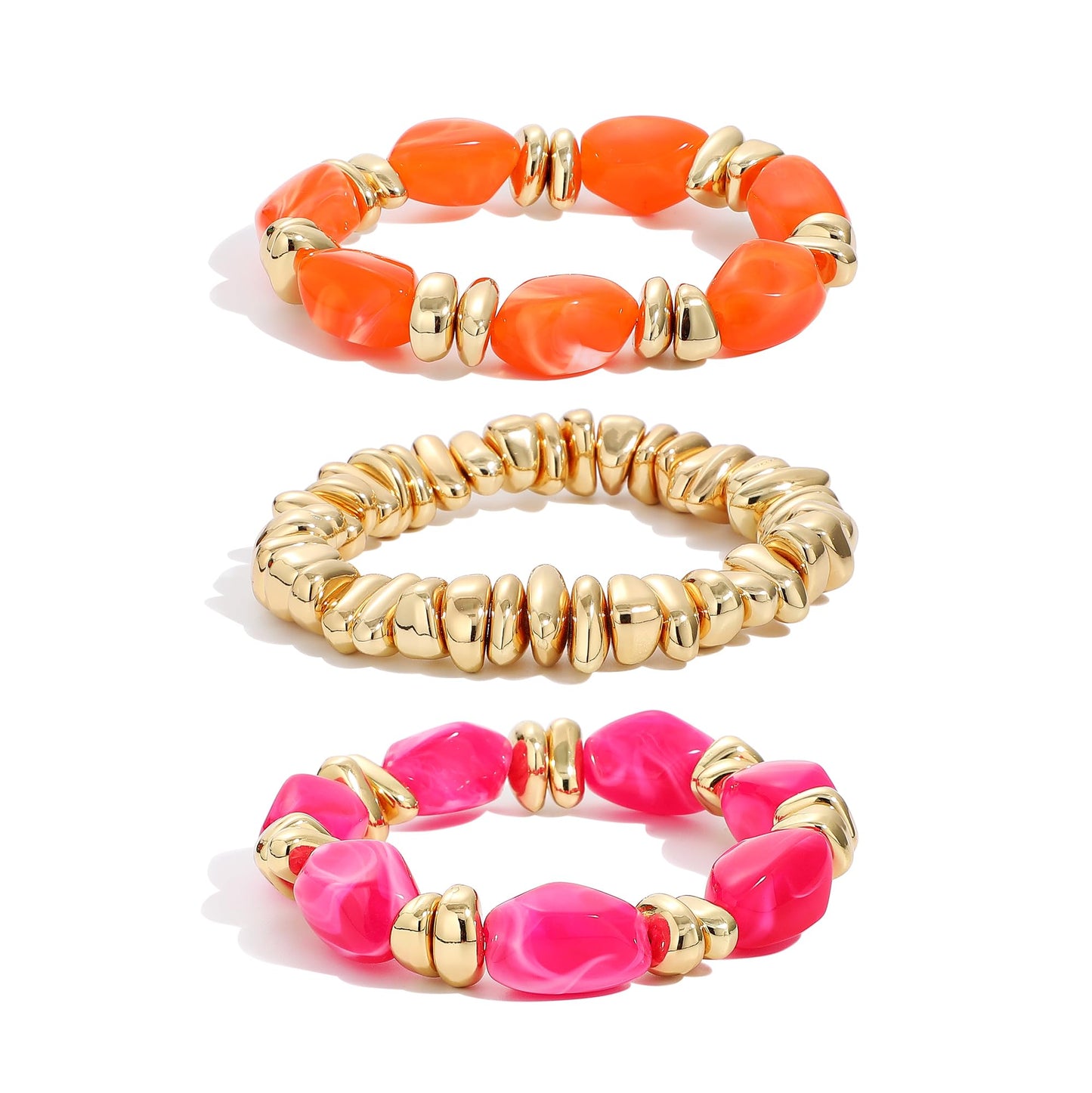 Sajidos Gold Plated Beaded Bracelets for Women Trendy, 14K Gold Plated Stack Cross Pearl Gold Plated Bead Stretch Bracelets Set Elastic Hypoallergenic Bracelets Jewelry Gifts (style13-orangepeachred)